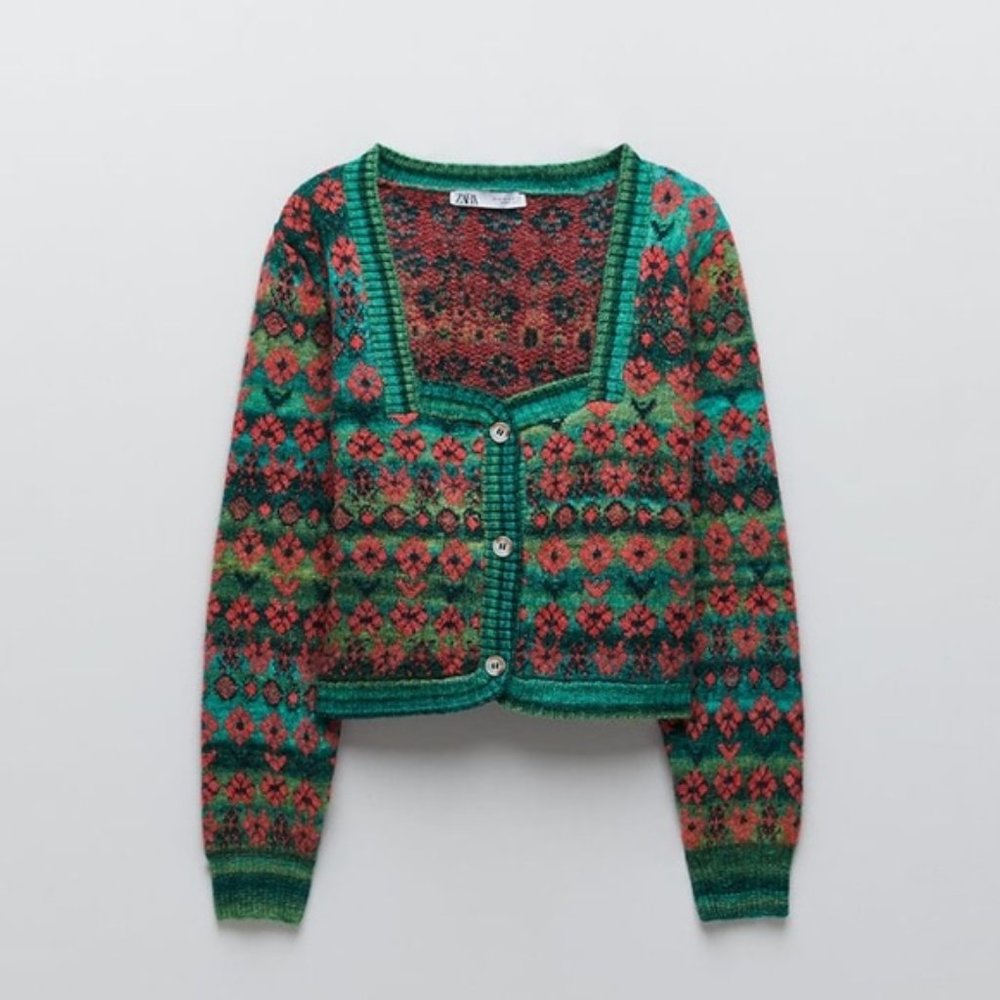 Zara Square Neck Floral Knit Cardigan